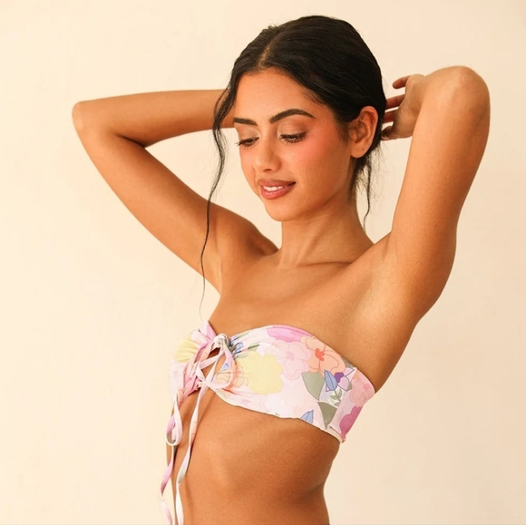 2/$25-Dippin' Daisies Bandeau Floral Bikini Top Bonus Highrise Pink Solid Bottom - Picture 9 of 10